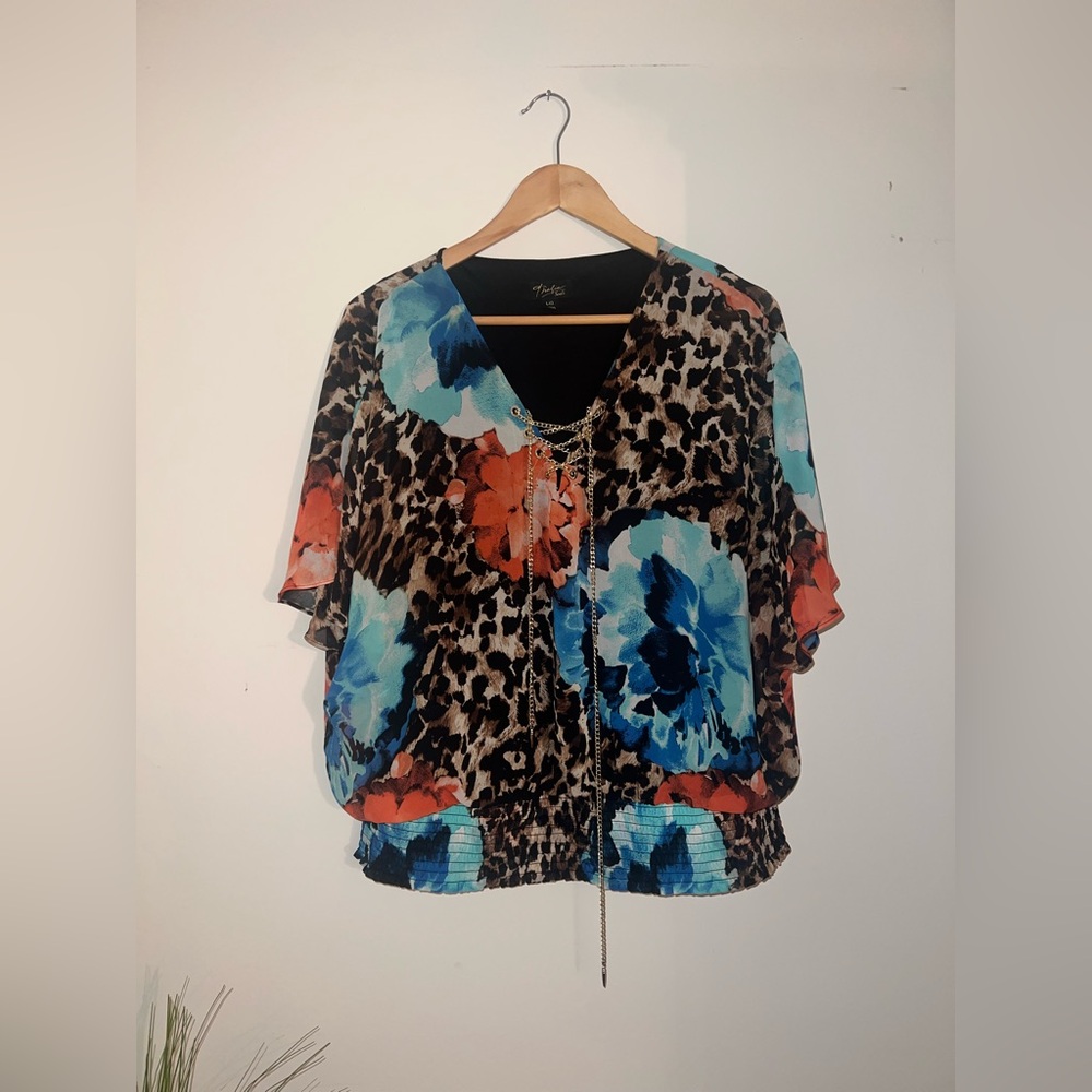 Thalia Sodi Leopard Print Blouse with Blue and Coral Floral Accents